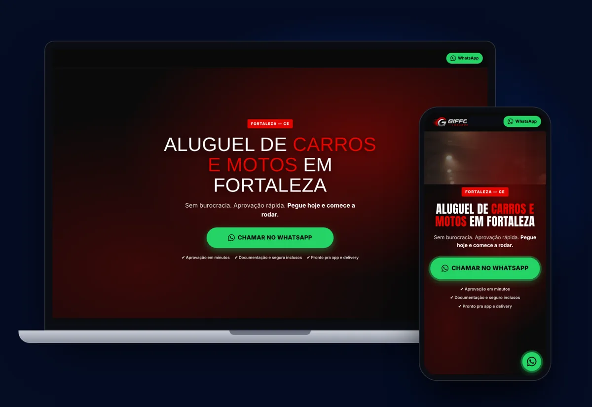 Site da Giffoni Locações criado pela Levitatech, no computador e no celular