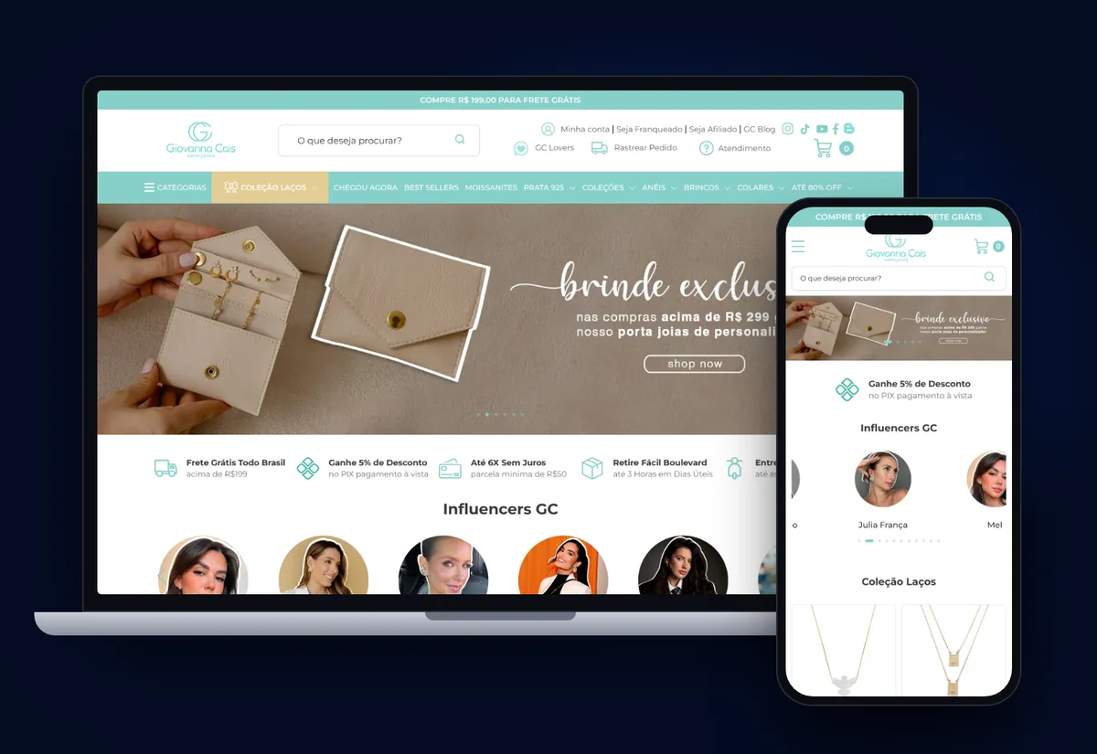 Site da Giovanna Cais criado pela Levitatech, no computador e no celular