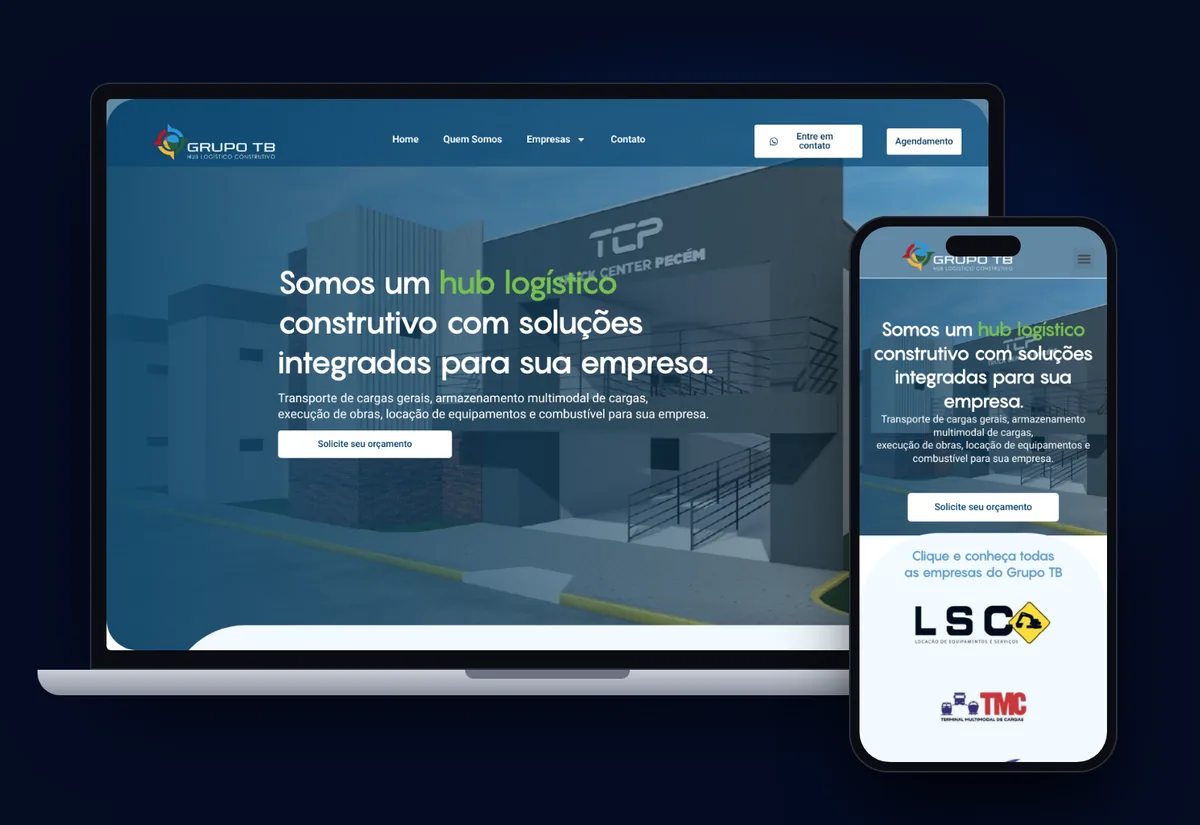 Site da Grupo TB criado pela Levitatech, no computador e no celular