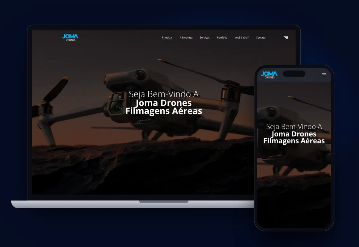 Site da JOMA Drones criado pela Levitatech, no computador e no celular