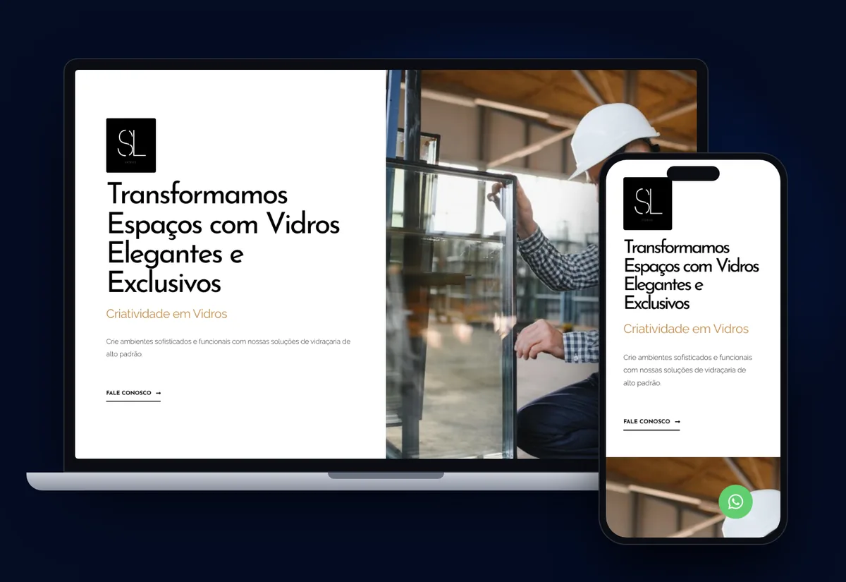 Site da SL Vidros criado pela Levitatech, no computador e no celular